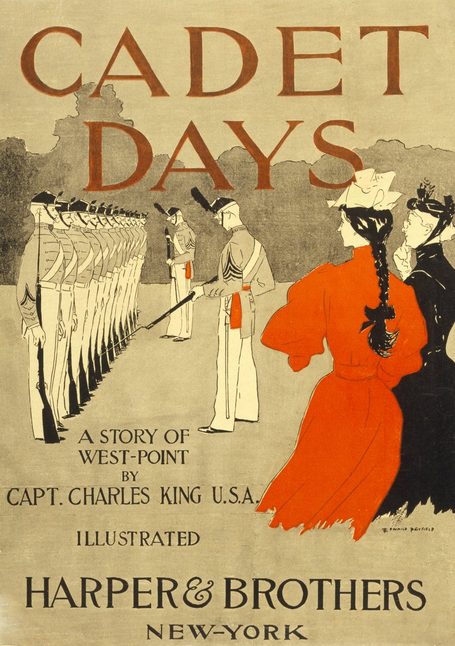 Kadettipäivien etukansi, kapteeni Charles King U.S.A., pub. New York, 1894 (värilitografia) tekijältä Edward Penfield
