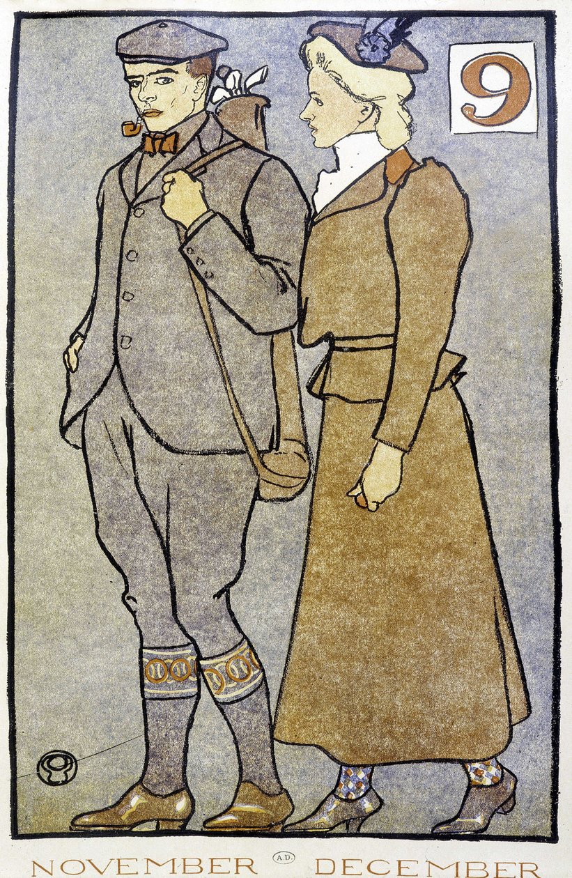 Golf Couple - "" Golf Calendar" -kirjoitus Edward Penfield tekijältä Edward Penfield