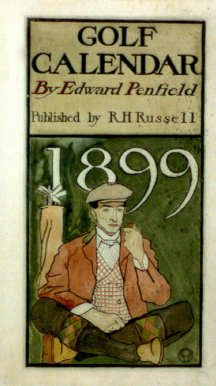 Golfaaja istuu mailien vieressä, piirtää vesiväreillä. (1899?), Edward Penfield 1866-1925, yhdysvaltalainen taiteilija. tekijältä Edward Penfield