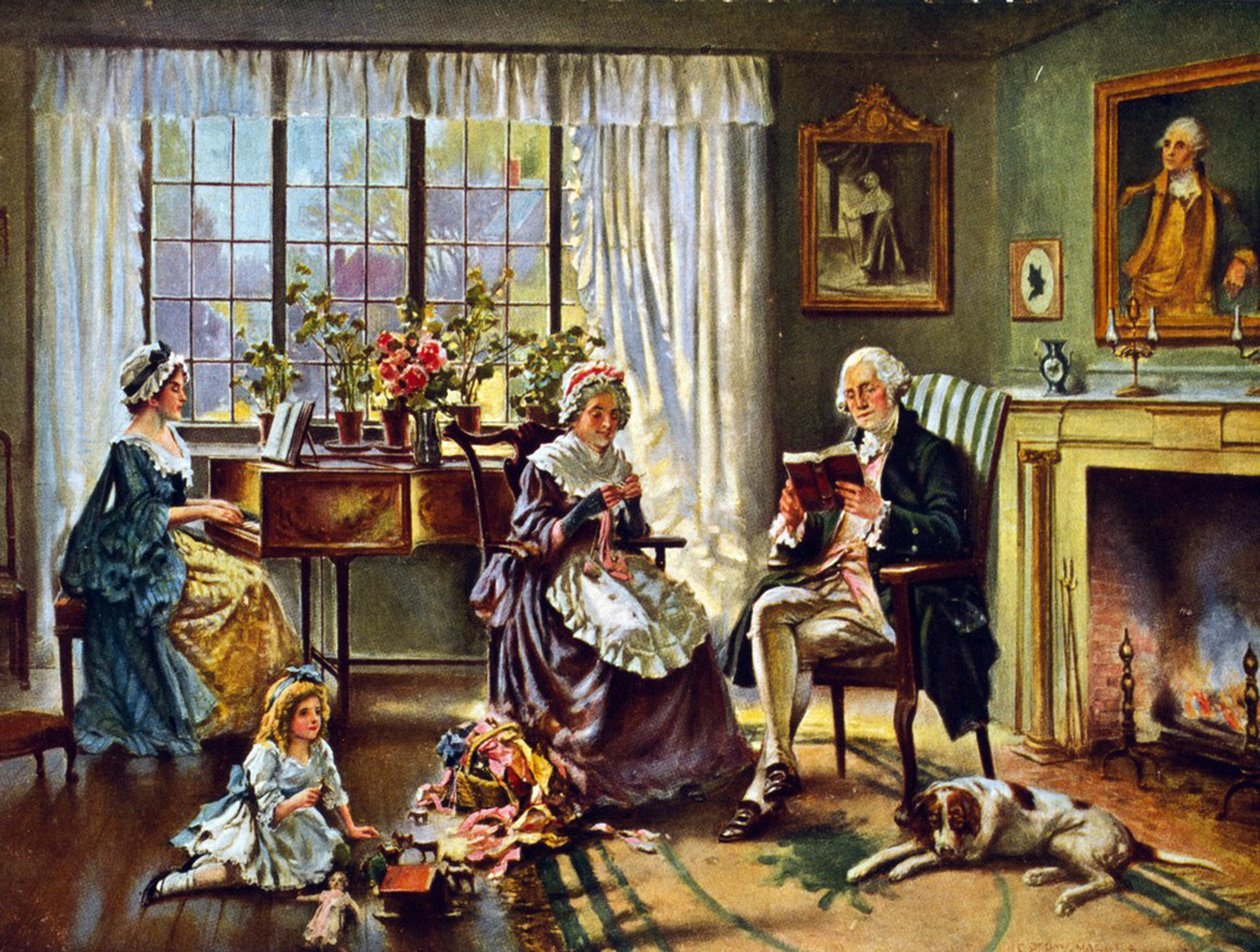 George Washington (1732-1799) Amerikan yhdysvaltojen ensimmäinen presidentti (1789-1797). Washington kotona perheensä kanssa. Edward P Moranin (1862-1935) maalauksen mukaan. tekijältä Edward Percy Moran