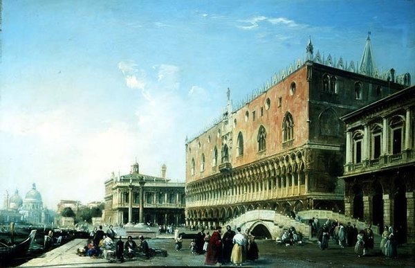 Piazzetta, Venetsia, lukuisia hahmoja Dogen palatsin luona (öljy kankaalle) tekijältä Edward Pritchett
