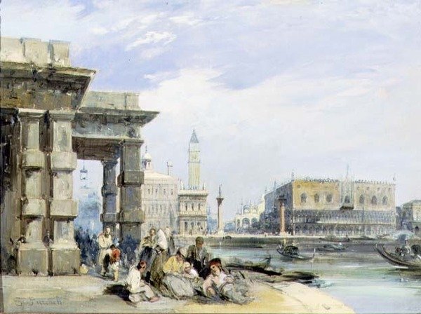 Näkymä Piazzettalle ja Palazzo Ducalelle Venetsian Dogana di Maresta (öljy kankaalle) (pari 94869) tekijältä Edward Pritchett