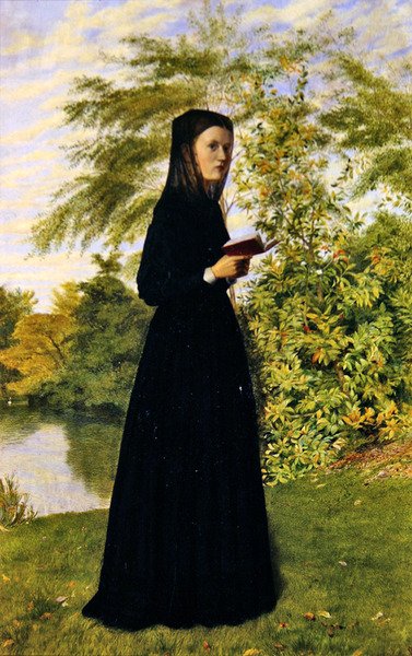 Nainen lukemassa puistoalueella, n. 1860 (öljy aluksella) tekijältä Edward Radford
