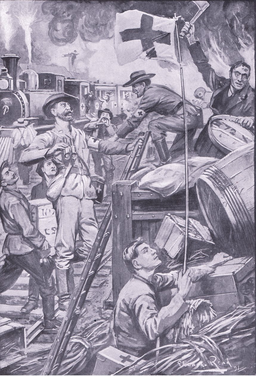 Väärä ambulanssimies tuhoaa Komati Foortin kauppoja Punaisen Ristin lipun alla, kuva Pretorian jälkeen: Sissisota, 1902 tekijältä Edward Read