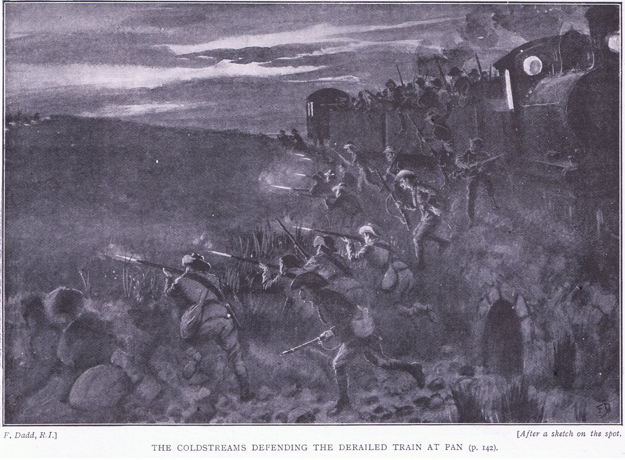 Coldstreams puolustamassa kiskoilta suistunutta junaa, kuvitus teoksesta After Pretoria: The Guerilla War, 1902 tekijältä Edward Read