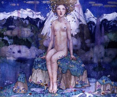 Rakkautta Alpeilla, n. 1920 (tempera kankaalle) tekijältä Edward Reginald Frampton