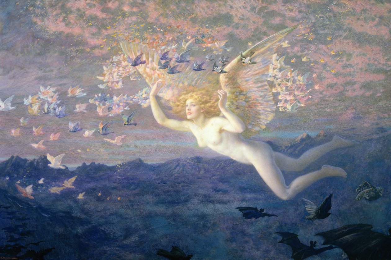 Aamun siivillä, 1905 (wc korotettu pintakäsittelyvärillä ja kultamaalilla). tekijältä Edward Robert Hughes