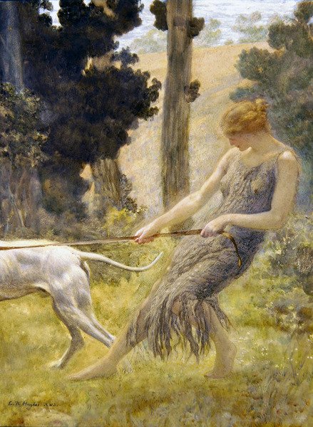 Nainen ulkoiluttamassa koiraansa (tempera laivalla) tekijältä Edward Robert Hughes