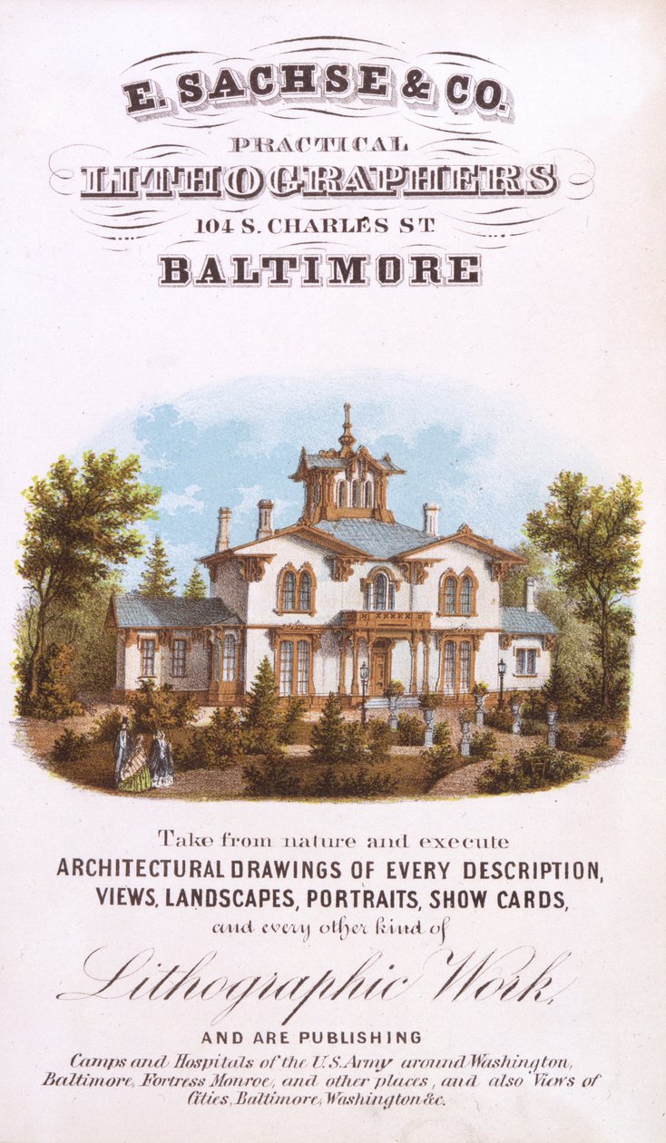E. Sachse und Co., Practical Lithographers, 104 S. Charles St., Baltimore, (litografia [kauppakortti]) tekijältä Edward Sachse