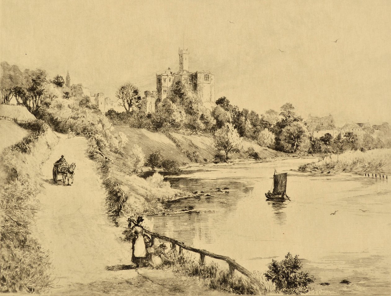 The Coquet: Warkworth Castle tieltä Ambleen, n.1880 (etsaus) tekijältä Edward Slocombe