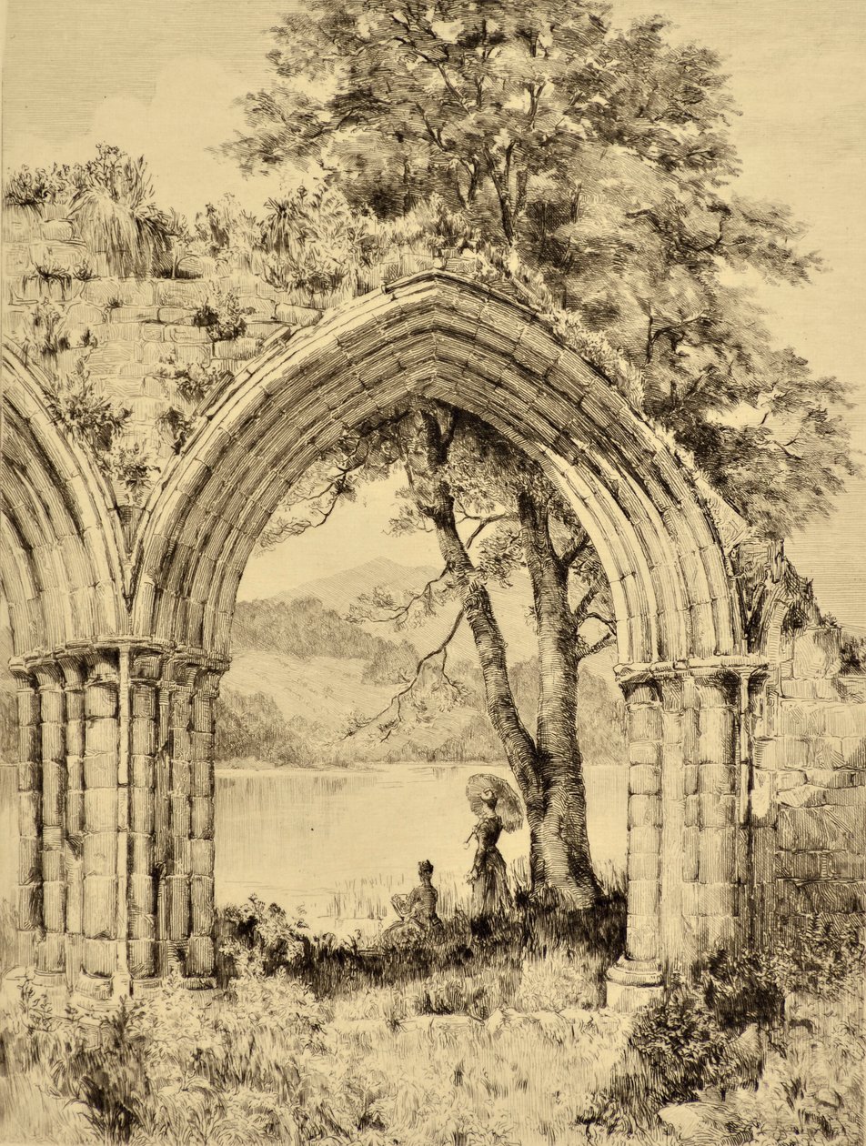 The Forth: Lake of Menteith Inchmahomen luostarista, n. 1880 (etsaus) tekijältä Edward Slocombe