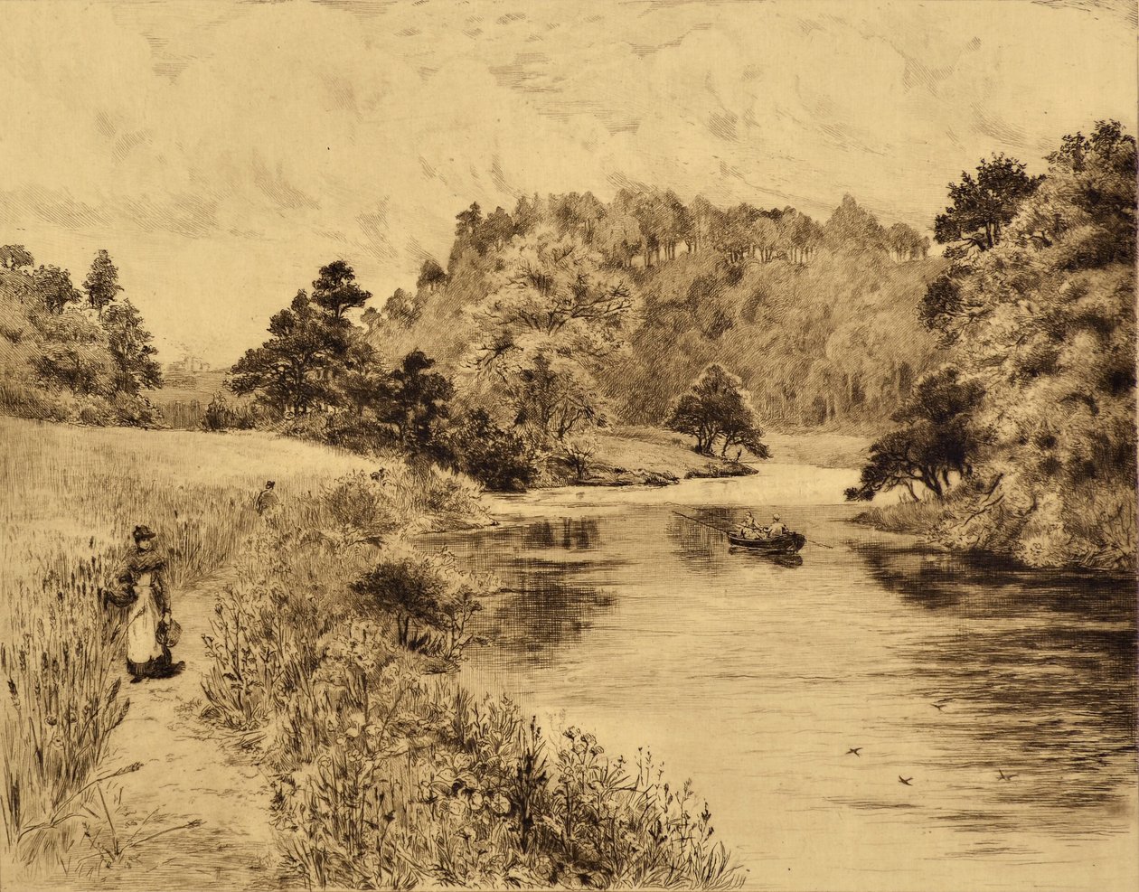 The Wear: The Wear Near Durham, n. 1880 (etsaus) tekijältä Edward Slocombe
