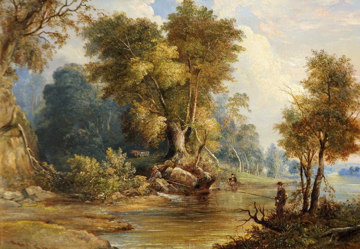 River Scene with Anglers, the Leadon, Gloucestershire, n. 1880 tekijältä Edward Smith