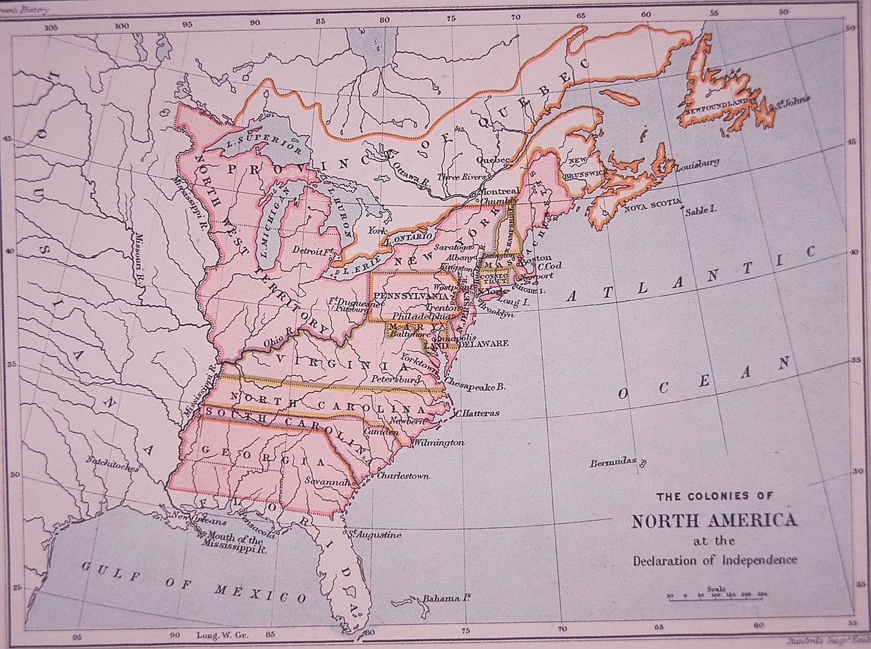 Pohjois-Amerikan siirtokunnat itsenäisyysjulistuksen yhteydessä (väri litho) tekijältä Edward Stanford