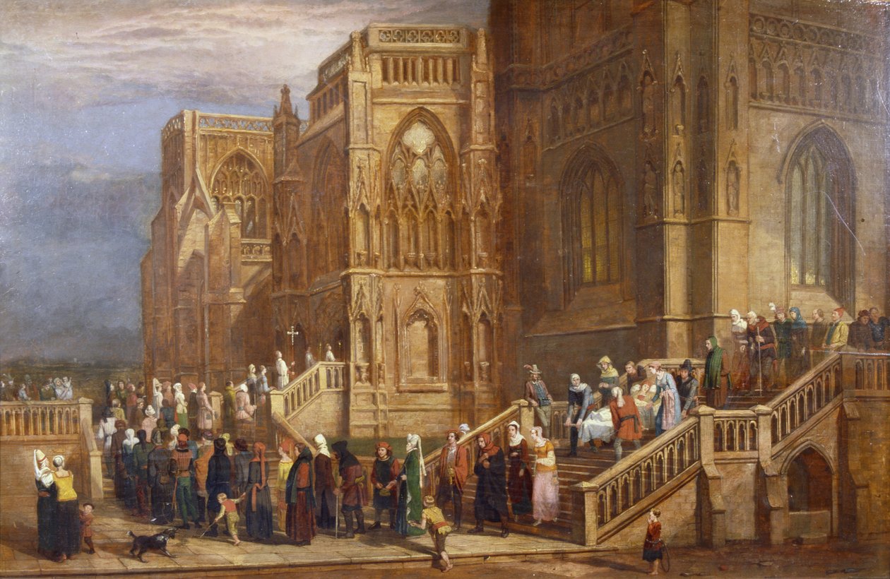 Pyhiinvaeltajien kulkue St Mary Redcliffen ulkopuolella, n. 1825-1830 (öljy paneelille) tekijältä Edward Villiers Rippingille
