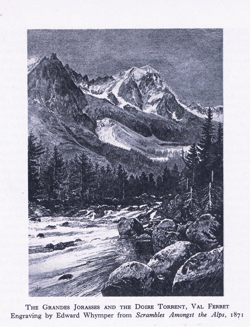 The Grand Jorasses and the Doire Torrent, Val Ferrett, brittiläisestä seikkailukirjasta, jonka on julkaissut Collins, 1947. tekijältä Edward Whymper