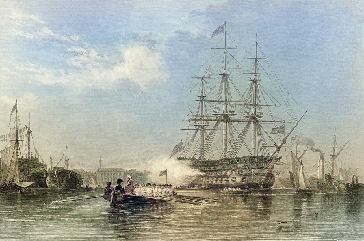 Britannian laivaston lippulaiva tervehtii Gosfordin satamassa Englannissa. 1800-luku (kaiverrus) tekijältä Edward William (after) Cooke