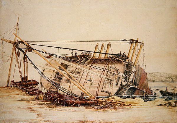 Beached Brig (akvarelli paperille) tekijältä Edward William Cooke