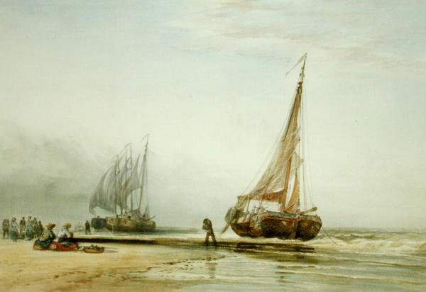 Hollantilaisia kalastusveneitä rannalla kalastajaryhmien kanssa tekijältä Edward William Cooke