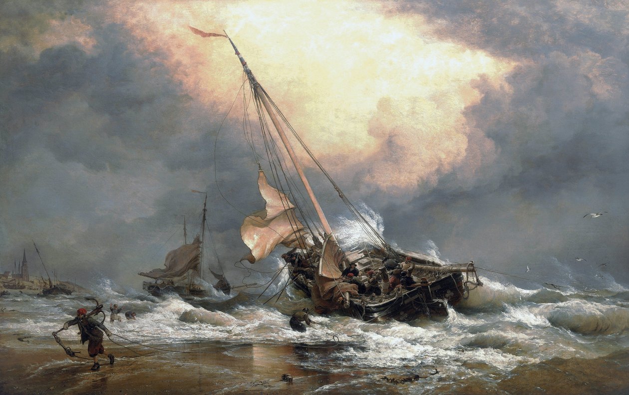 Kalastajat vetävät veneitään Pohjanmeren rannalla lähellä Scheveningeniä (Hollanti). Öljy kankaalle tekijältä Edward William Cooke