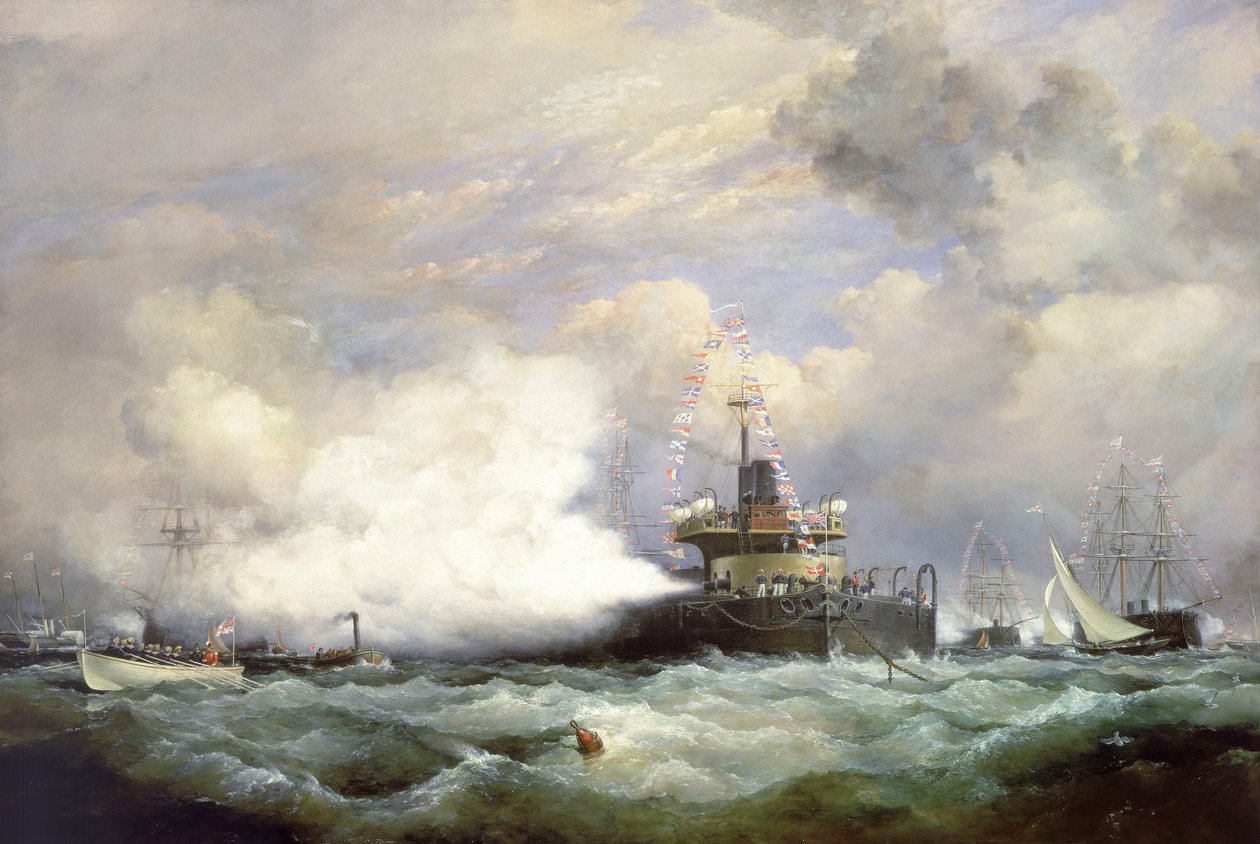 HM:n tornialus "Devastation" Spitheadissa Persian shaahin kunniaksi järjestetyn merikatselmuksen yhteydessä, 23. kesäkuuta 1873. tekijältä Edward William Cooke