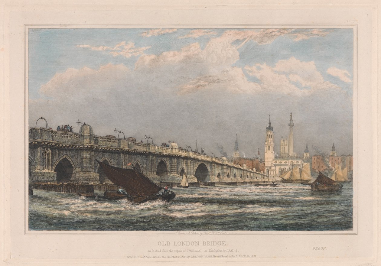 Vanha London Bridge vuoden 1700 korjauksen jälkeen vuoteen 1831/1832 saakka tekijältä Edward William Cooke