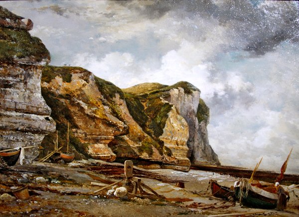 Kiviä matalassa vedessä West Falaisen kanssa (Etretat-kallioita ja veneitä) tekijältä Edward William Cooke