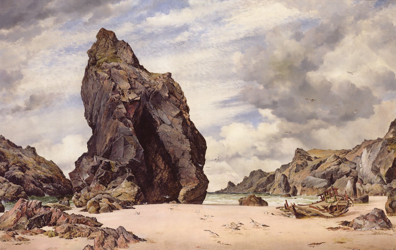 Steeple Rock, Kynance Cove, Lizard, Cornwall, Low Water, 1873 tekijältä Edward William Cooke