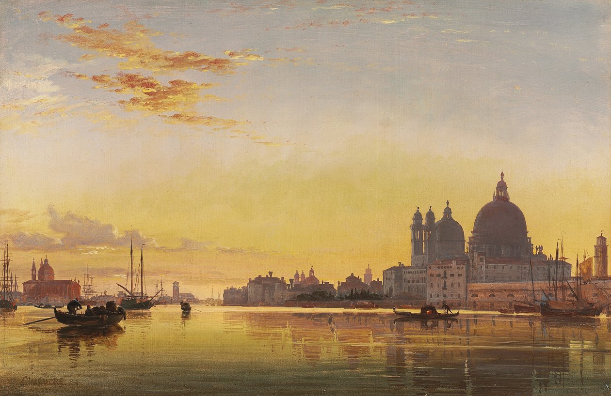 Auringonlasku Venetsian laguunilla, Isola di San Giorgion kirkko Algassa kaukana, tekijältä Edward William Cooke