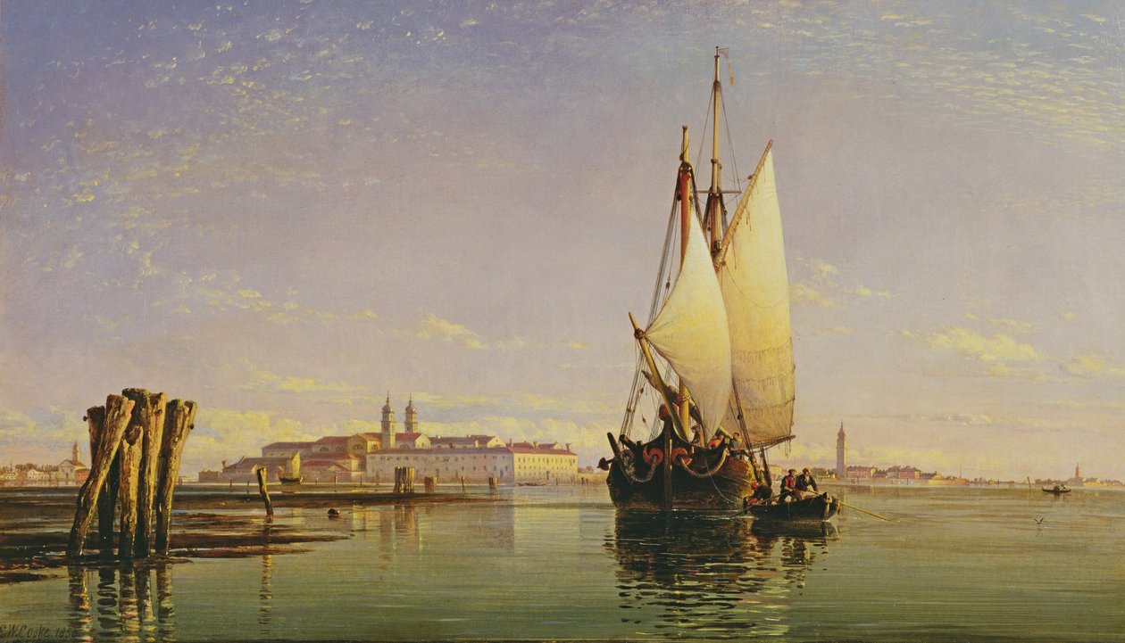 Euganean kukkulat ja Venetsian laguna - Trabaccola odottaa vuorovesi, auringonlasku, 1853 tekijältä Edward William Cooke