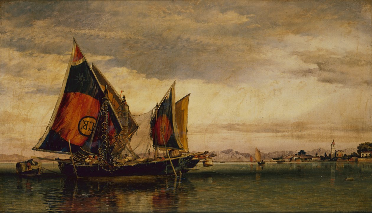 Venetsialainen laguuni kalastusveneineen tekijältä Edward William Cooke