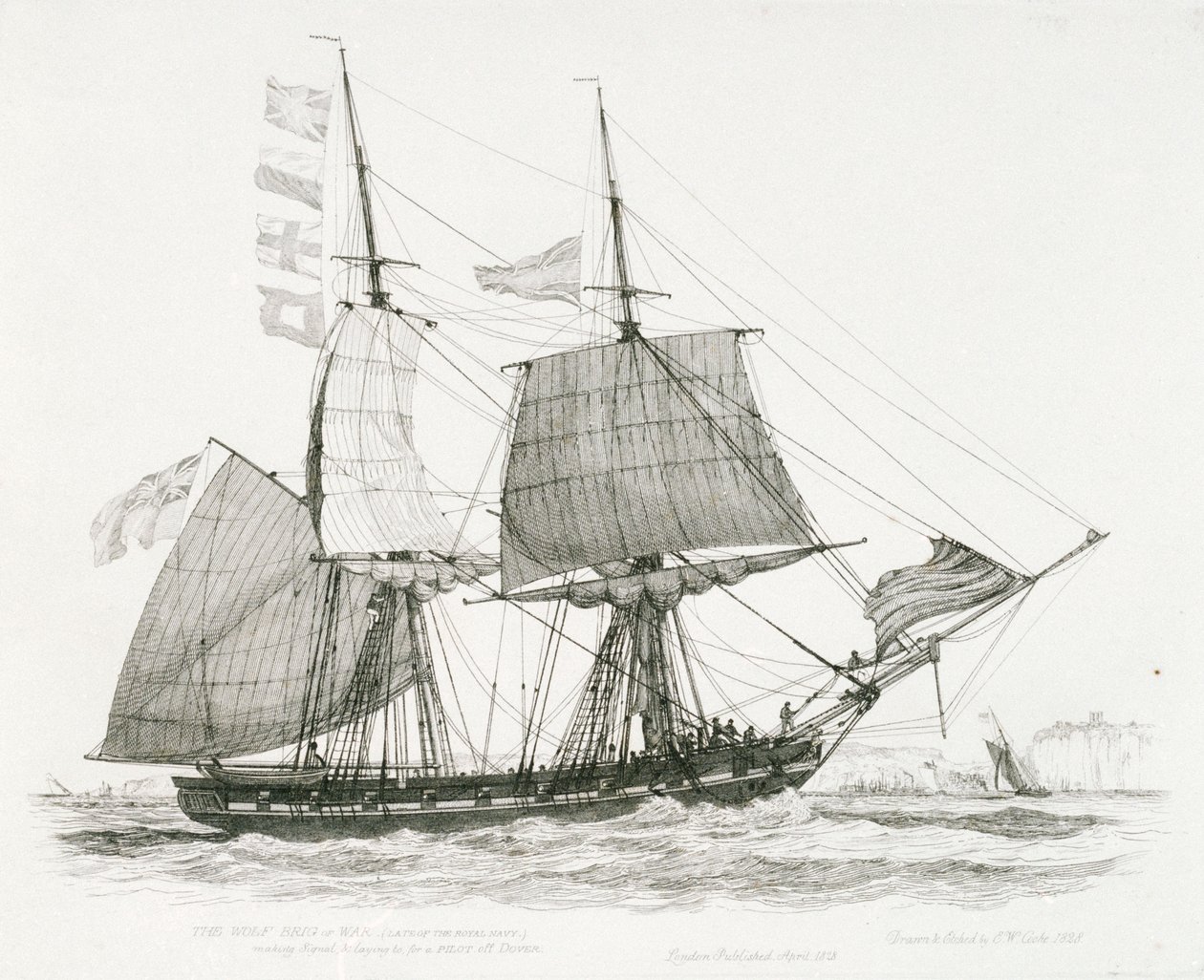 Wolf (1826) tai (1814), sota-aluksen priki, kuninkaallisen laivaston entinen jäsen, antaa merkin ja antaa merkin luotsille Doverin edustalla. tekijältä Edward William Cooke