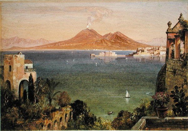 Vesuvius ja Castel del Oro, Napoli, nähtynä Villa Cedronista, Posillippo (öljy paperille, kartongille kiinnitetty) tekijältä Edward William Cooke