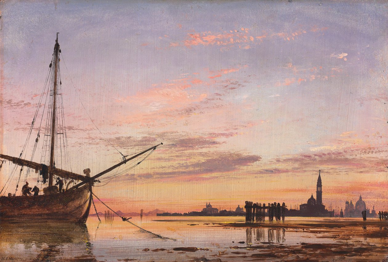 Näkymä laguunin toiselle puolelle, Venetsia, auringonlasku, 1850 tekijältä Edward William Cooke