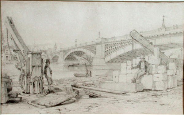 Näkymä Southwark Bridgelle ja Thames-joelle Banksidesta, kaksi nostotornia etualalla tekijältä Edward William Cooke