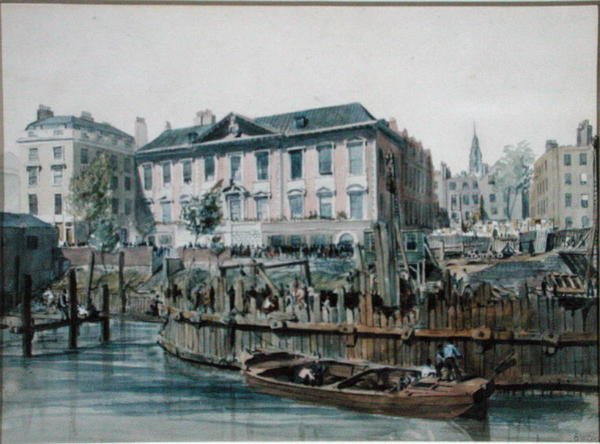 Näkymä London Bridgen paalujen ja nostolaitteiden ympärillä olevasta puupatoa tekijältä Edward William Cooke