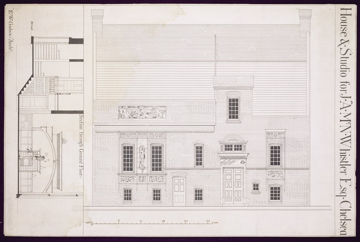 Suunnittelu talolle ja studiolle J.A.M. Whistler Esq, Chelsea, n. 1877–1878 (katso myös 176477) tekijältä Edward William Godwin