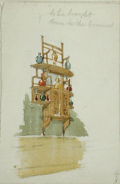 Suunnittelu apinakaappiin, n. 1876 (akvarelli ja kynä paperille) tekijältä Edward William Godwin