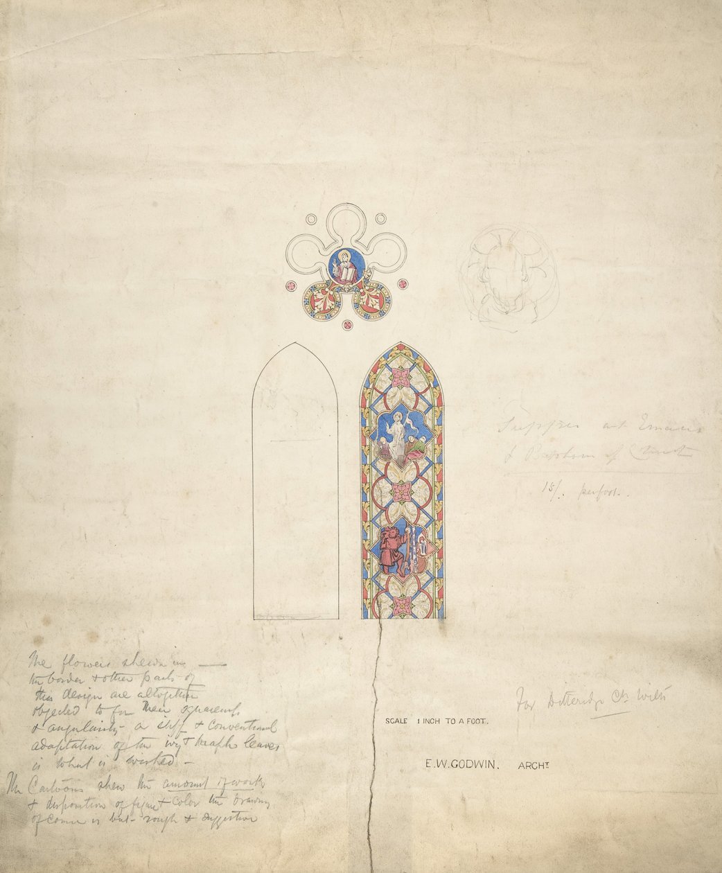 Suunnittelu lasimaalauksille Ditteridge Churchissa, n. 1859. tekijältä Edward William Godwin