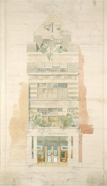 Suunnittelu McLean Fine Art Gallerioiden julkisivulle, Haymarket, Lontoo (akvarelli ja kynä paperille) (katso lisätietoja numerosta 237077) tekijältä Edward William Godwin