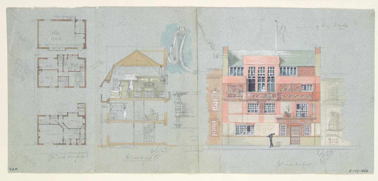 Frank Milesin (1852-91) talon ja studion etukorkeus ja osa, Tite Street, Chelsea, 1878-79 (wc ja kynä paperilla) (katso myös 176481-482, 176484-485) tekijältä Edward William Godwin