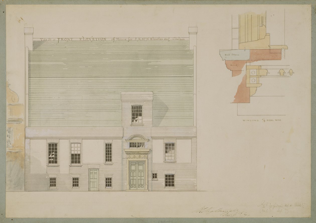 J.A.M. Whistler Esq:n talon julkisivu, Tite Street, Chelsea, 1877 (tussi ja tussi ja wc paperille) (katso myös 176476) tekijältä Edward William Godwin
