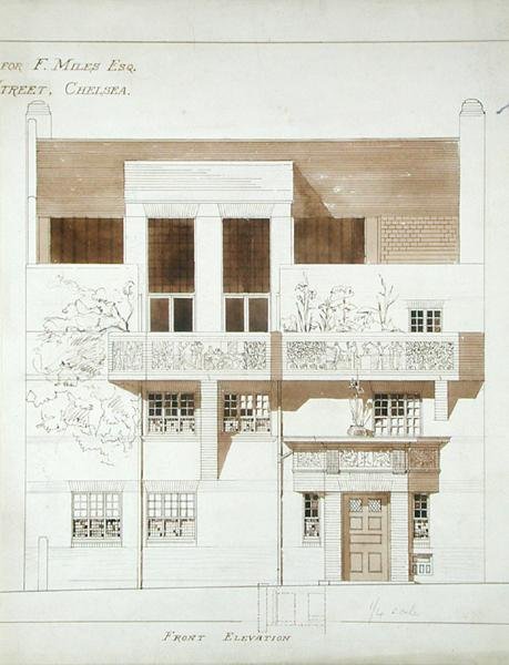 Frank Milesin studion ja talon etukorkeus (1852-91), Tite Street, Chelsea, 1878-79 (kynä, muste ja pesu paperille) (katso myös 176481-483, 176485) tekijältä Edward William Godwin
