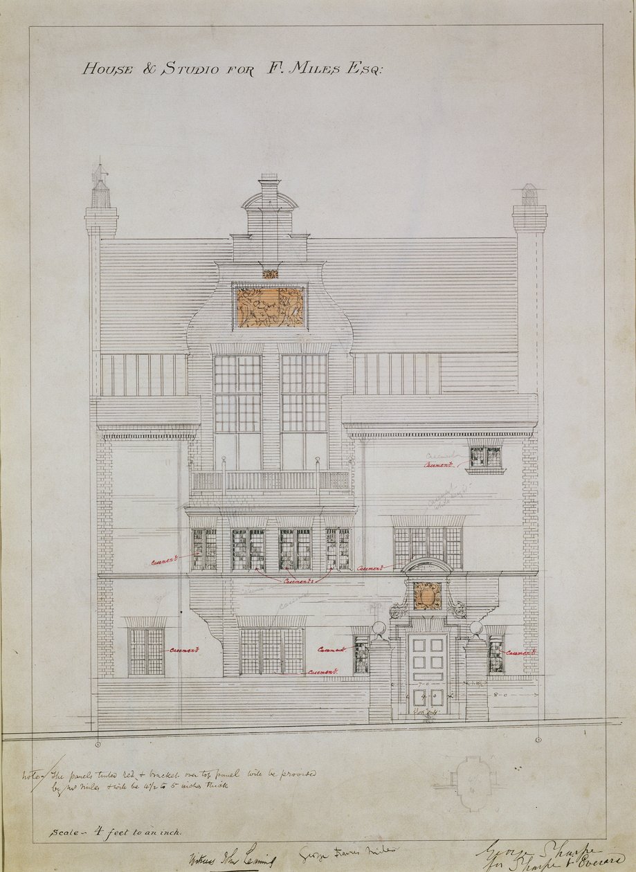 Työpiirustus talolle ja studiolle F. Miles Esqille, Tite Street, Chelsea, 1878-79 (wc ja kynä paperille) (katso myös 176481, 176483-485) tekijältä Edward William Godwin