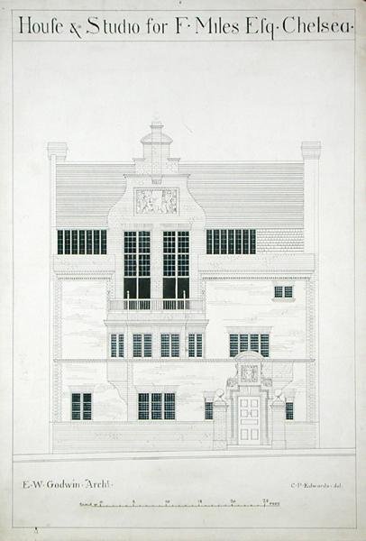 Talo ja studio F. Miles Esqille, Chelsea, kaiverrus C.P. Edwards (katso myös 176482-485) tekijältä Edward William after Godwin