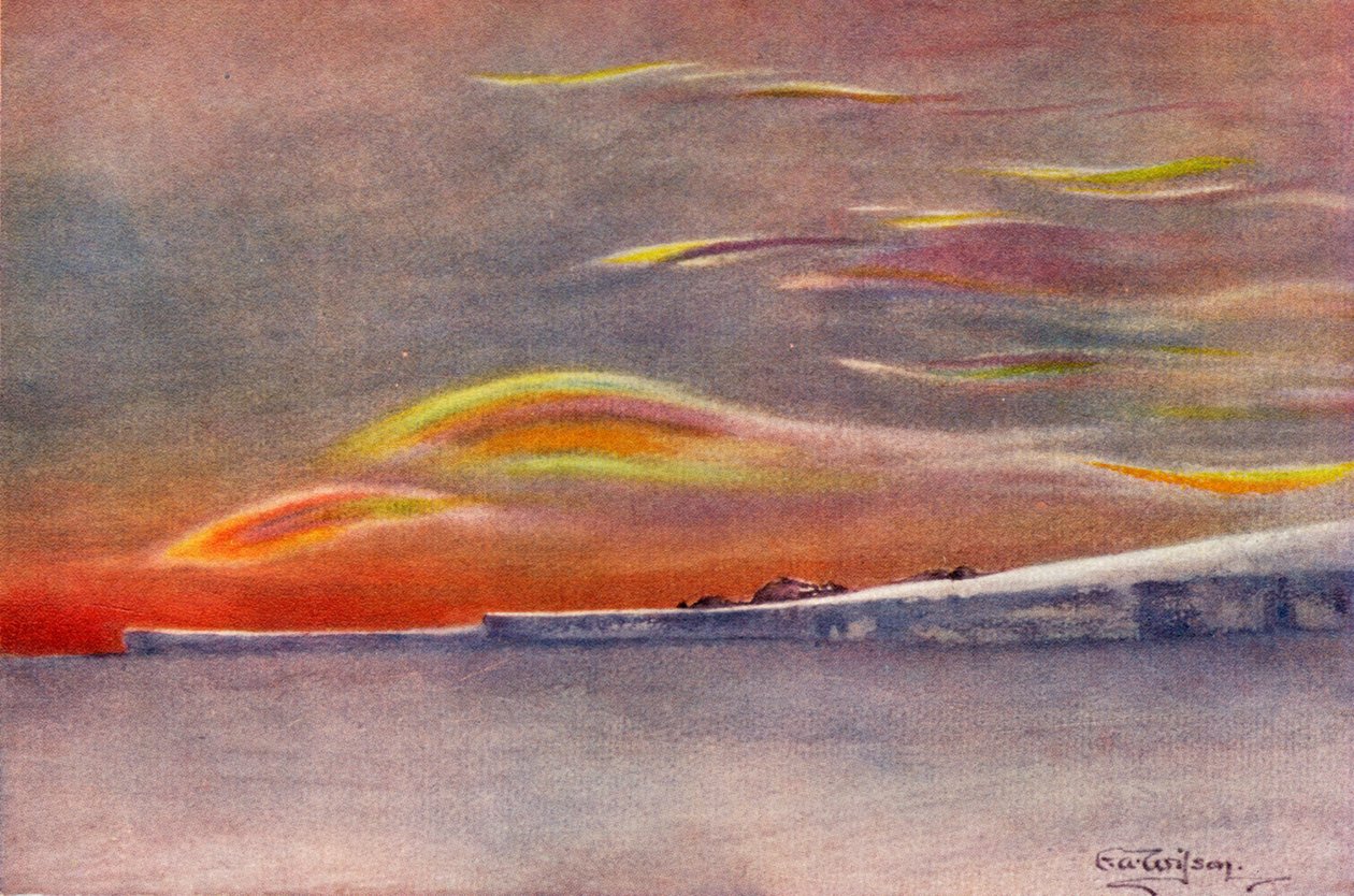 Irisoivat pilvet: Katse pohjoiseen Cape Evansista, 1911, 1913 tekijältä Charles Edward Wilson