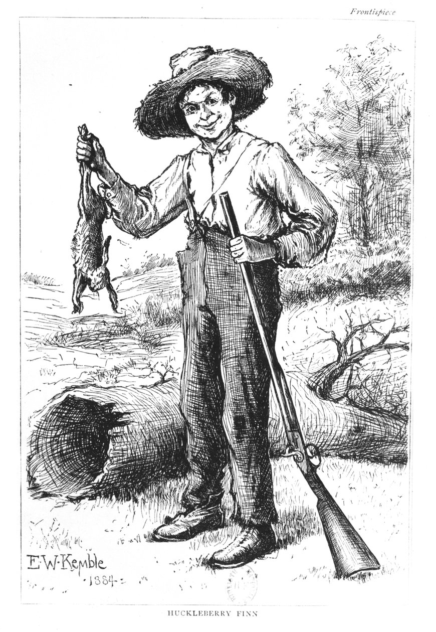 Mark Twainin (1835-1910) Huckleberry Finnin seikkailujen etukappale 1884 tekijältä Edward Windsor Kemble