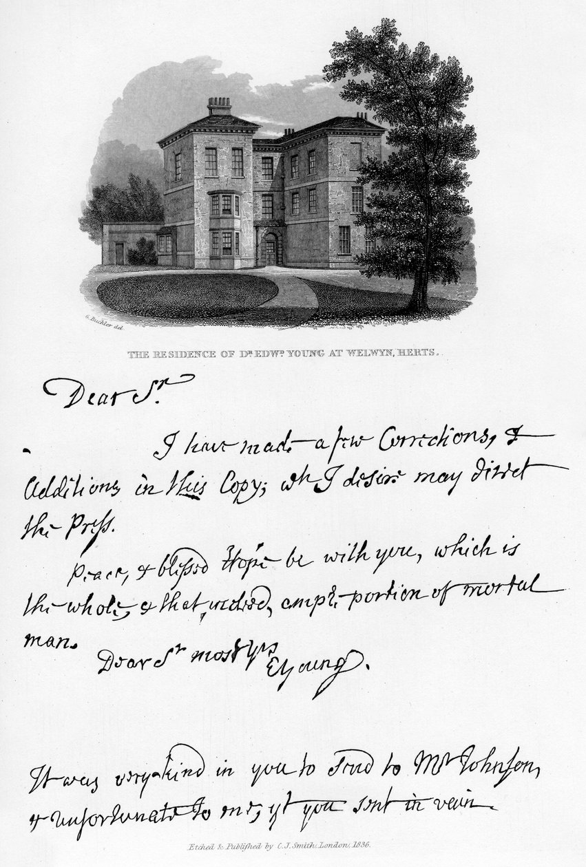 Kirje Edward Youngilta ja näkymä hänen asunnostaan Welwynissä, Hertfordshiressä, 1740-luku, 1840 tekijältä Edward Young