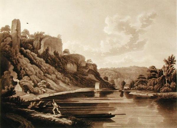 Näkymä Wye-joen uudelle padolle, levy 11 julkaisusta Views of the River Wye, kaiverrus F. Jukes, 1800 (akvatinta) tekijältä Edward (after) Dayes