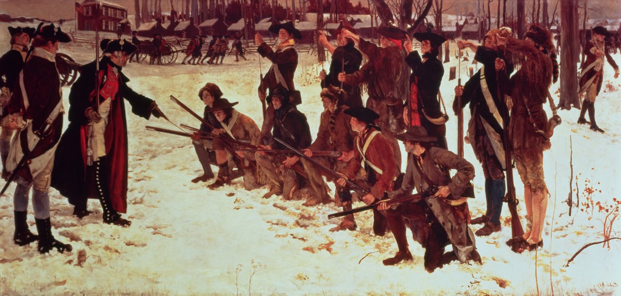 Paroni von Steuben poraa amerikkalaisia värvättyjä Valley Forgessa vuonna 1778, 1911 tekijältä Edwin Austin Abbey